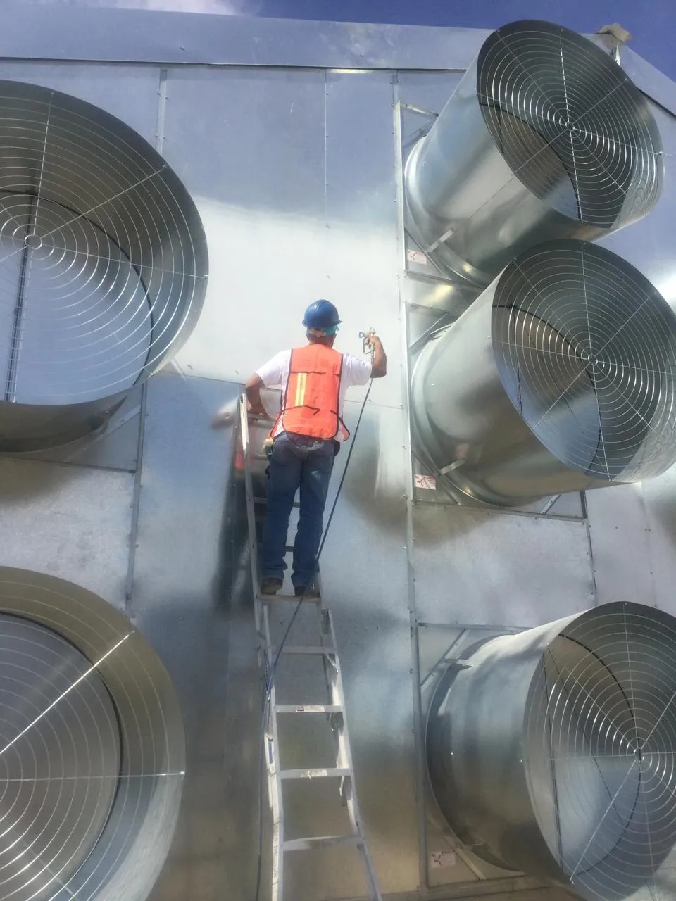 Técnico instalando ventiladores en caseta avícola